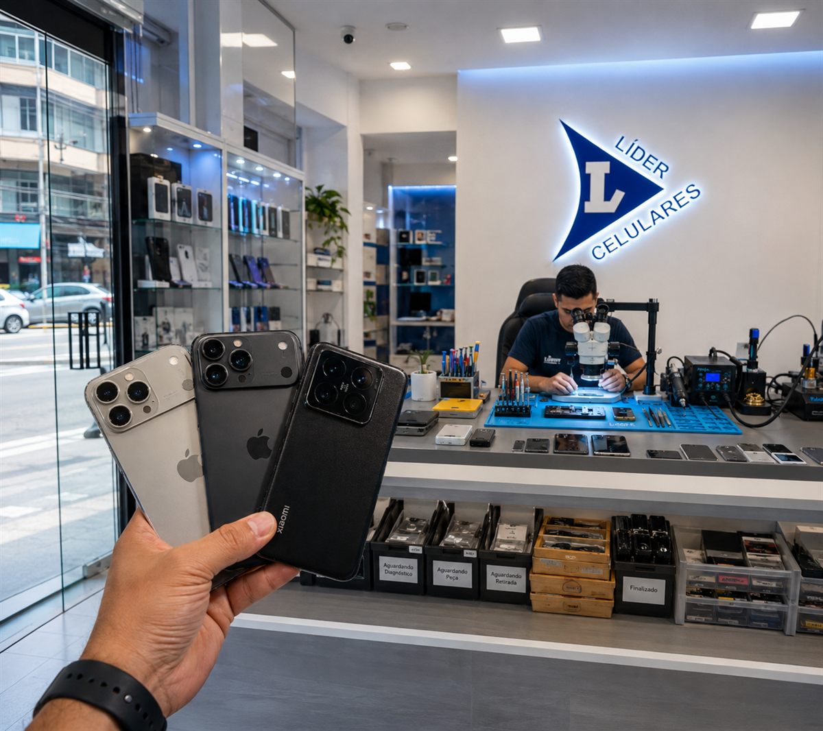 Interior da loja Líder Celulares no Centro de Belo Horizonte, com técnico trabalhando no microscópio na bancada de reparos